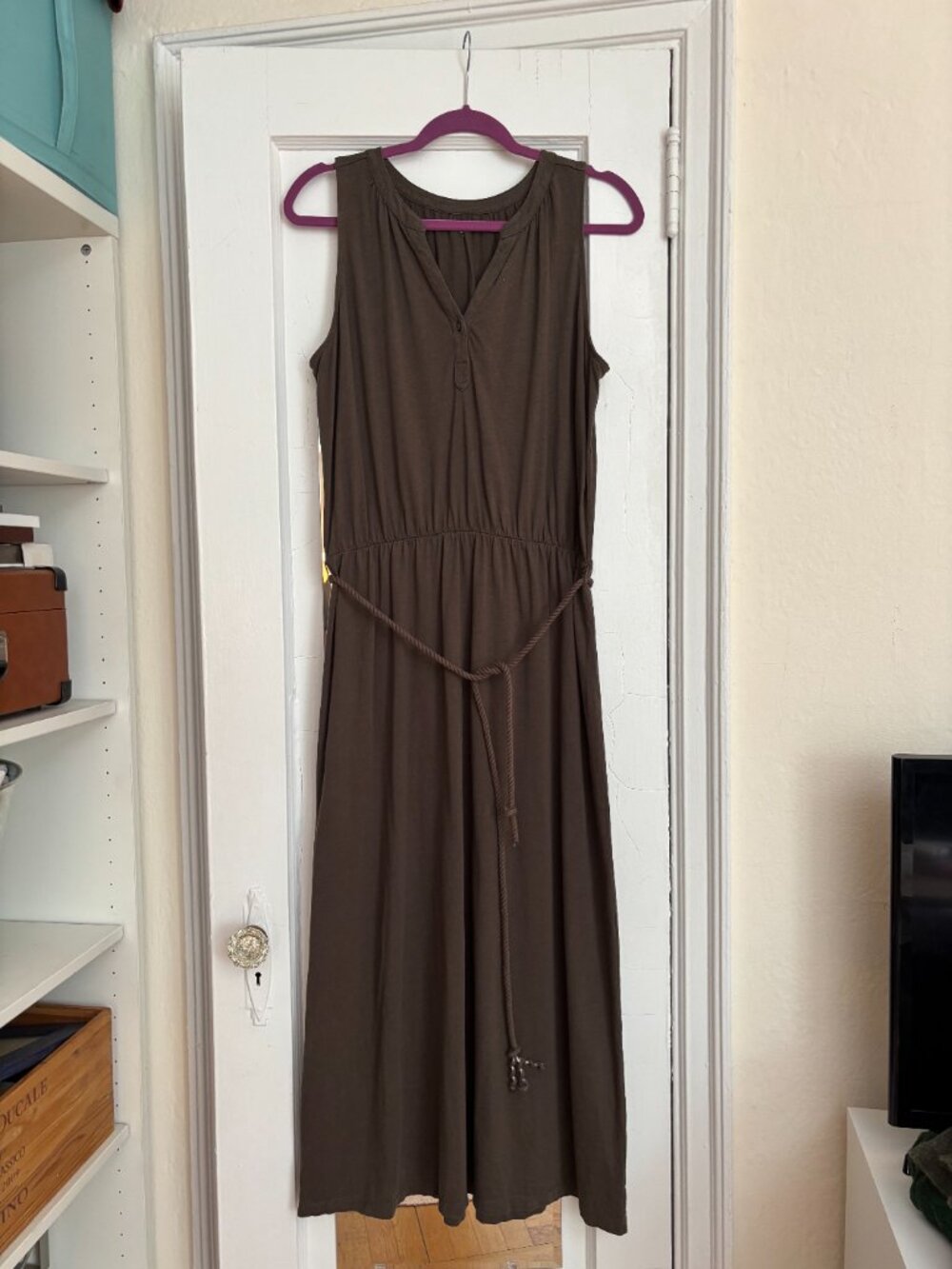 Garnet Hill Olive Green Maxi Dress Organic Cotton Tencel Size L